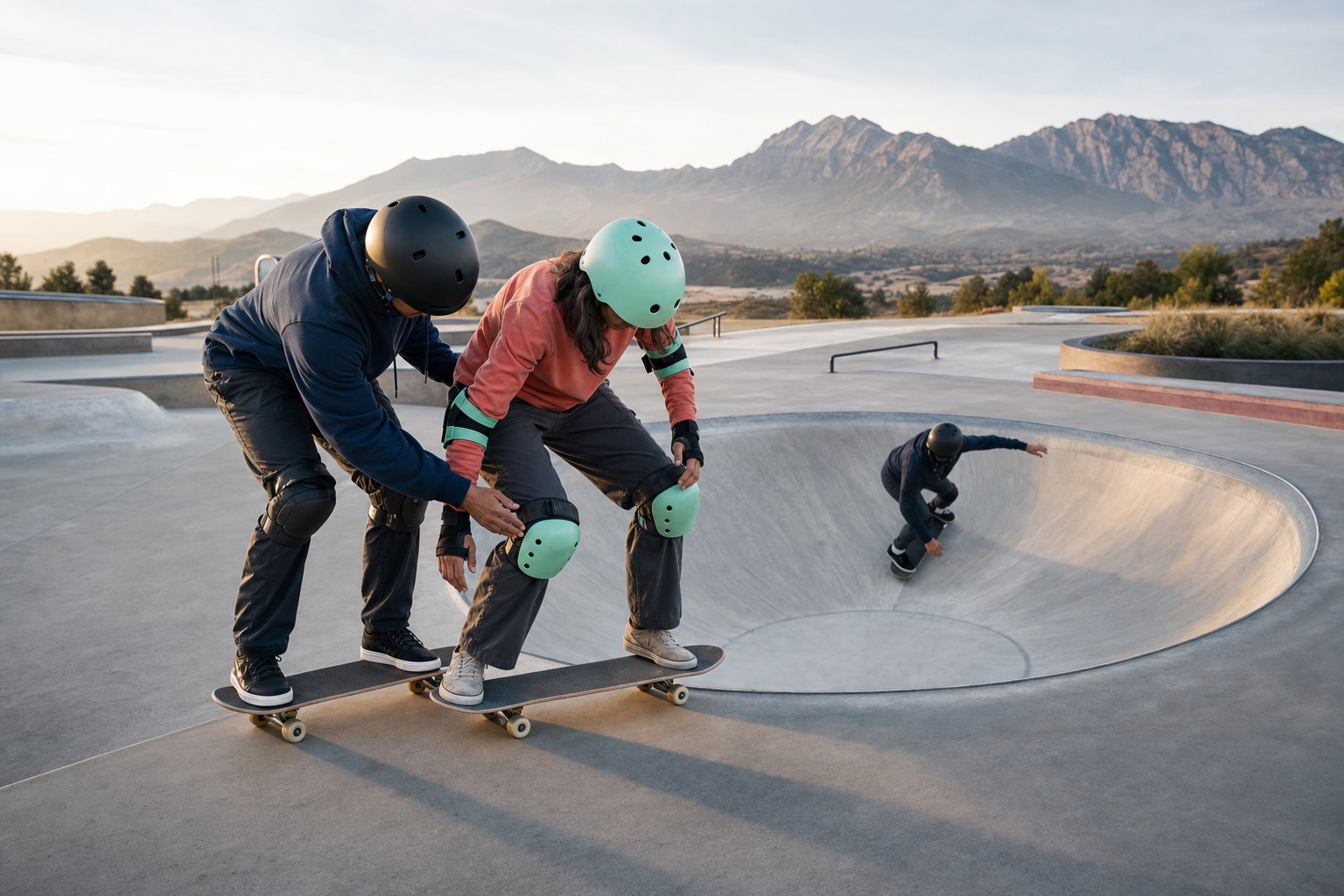 Une personne débutante casquée travaille son équilibre sur un skateboard avec un coach dans un parc en plein air