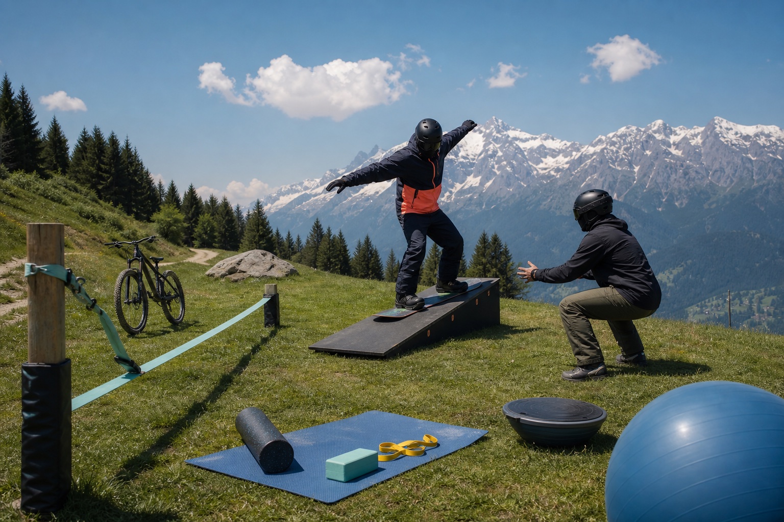 Un athlète travaille son équilibre de snowboard sur une installation d’entraînement extérieure en été