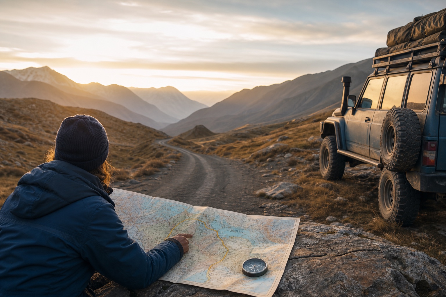 A traveler studying a map beside a wide mountain landscape