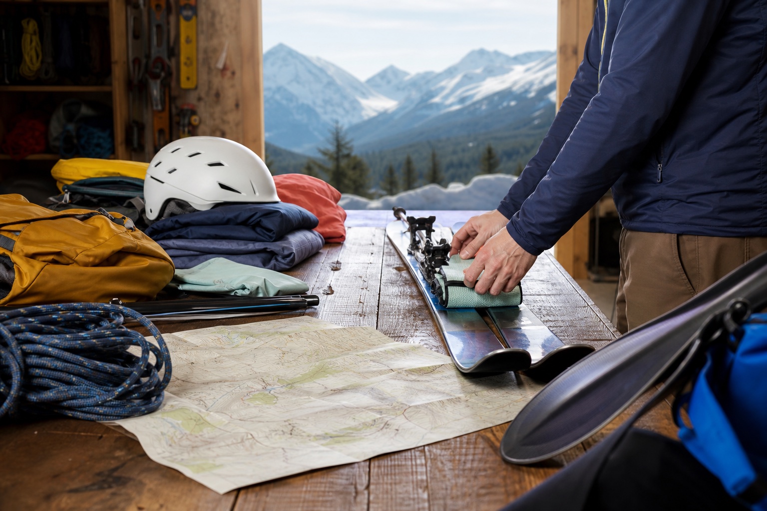 Mountain equipment arranged on a warm wood workbench