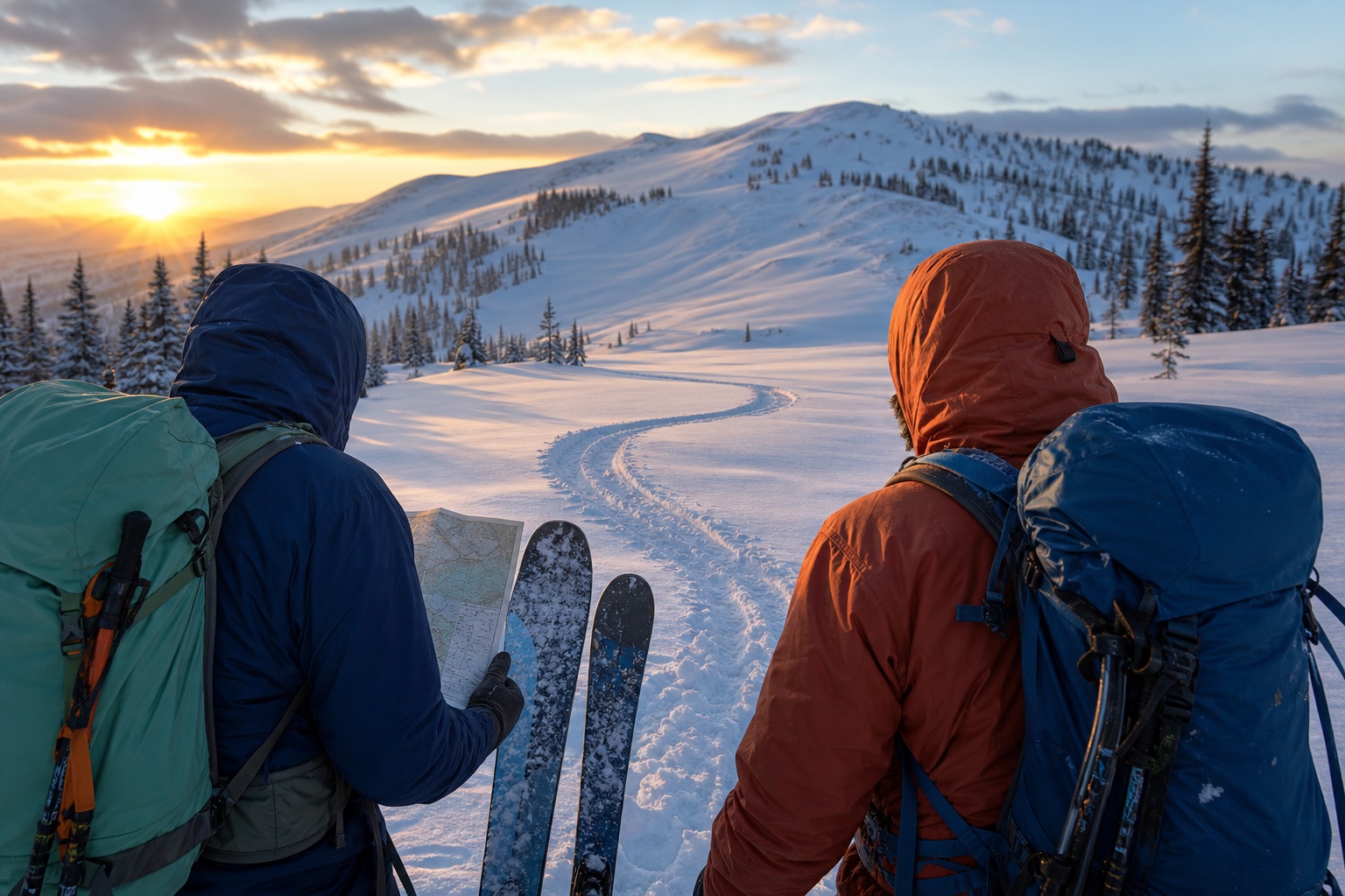 Two ski tourers moving across a quiet ridge at sunrise