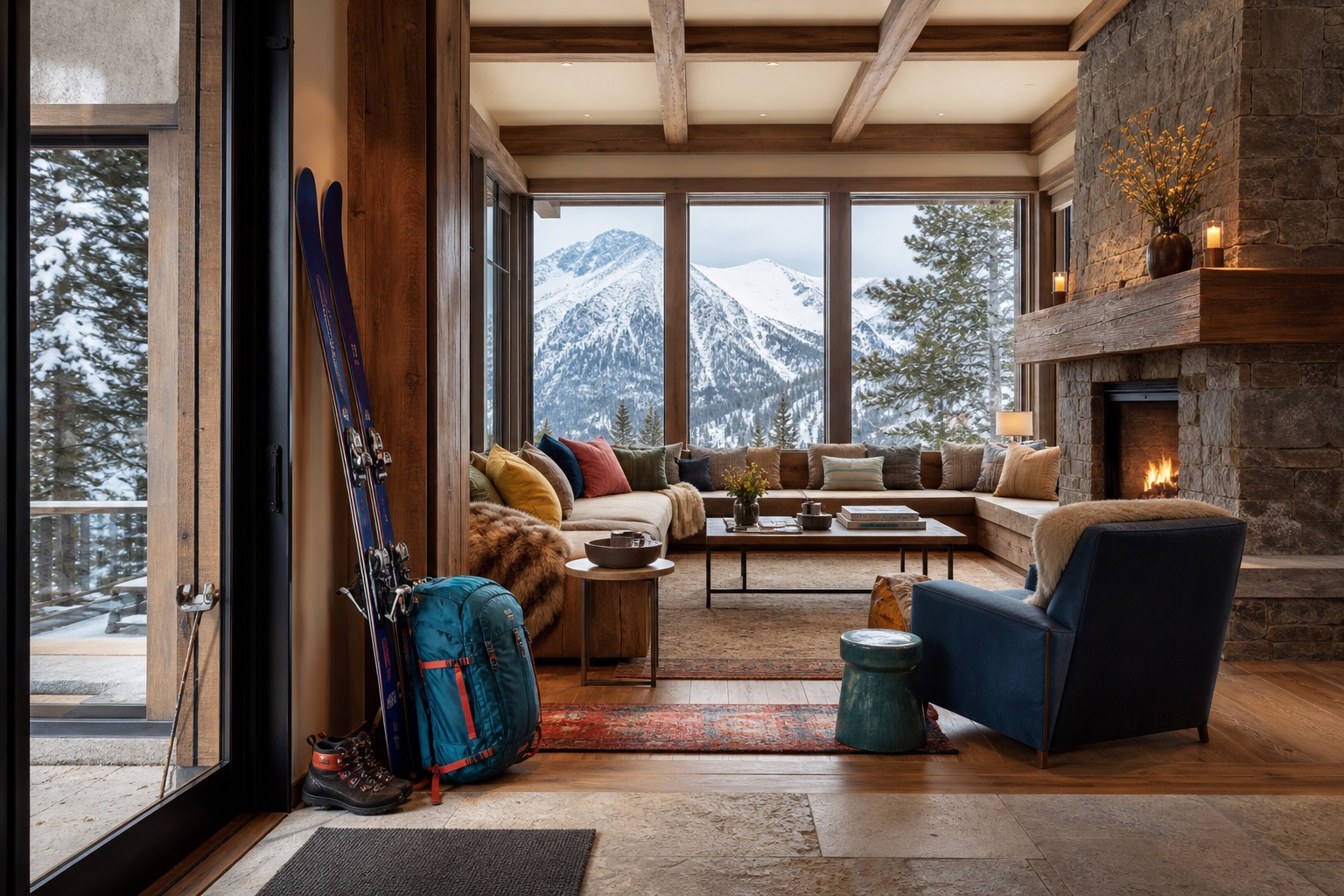 A warm contemporary mountain interior framed by alpine views