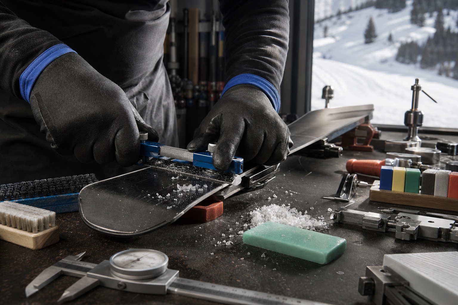 A ski being prepared on a bright workshop bench