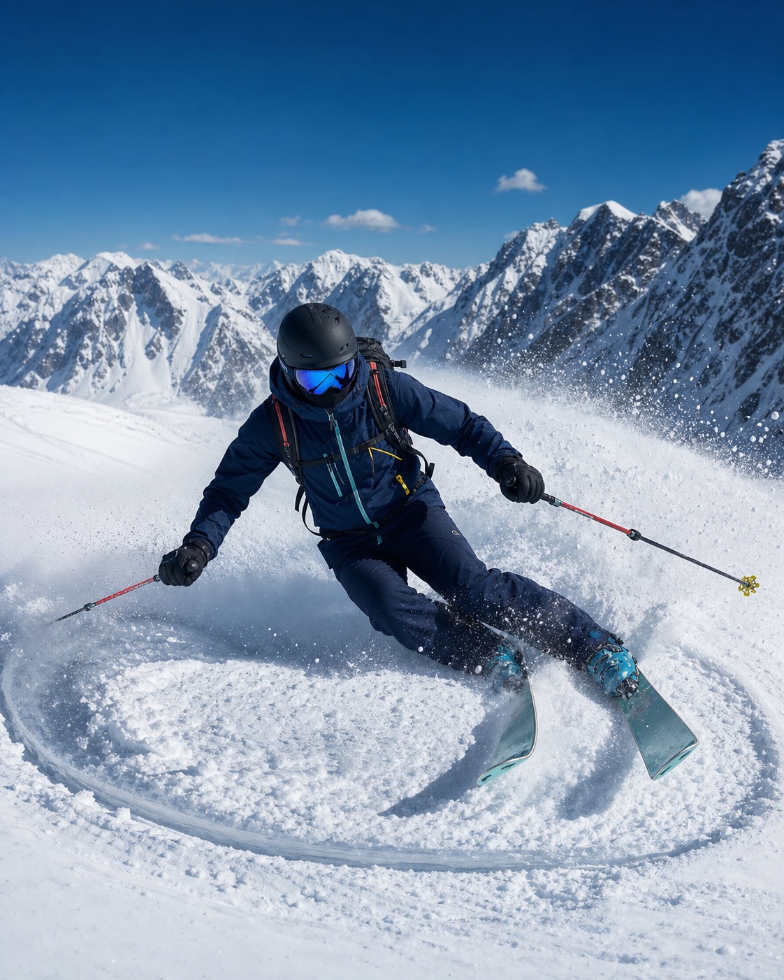 A skier in a blue jacket looking across a bright alpine ridge