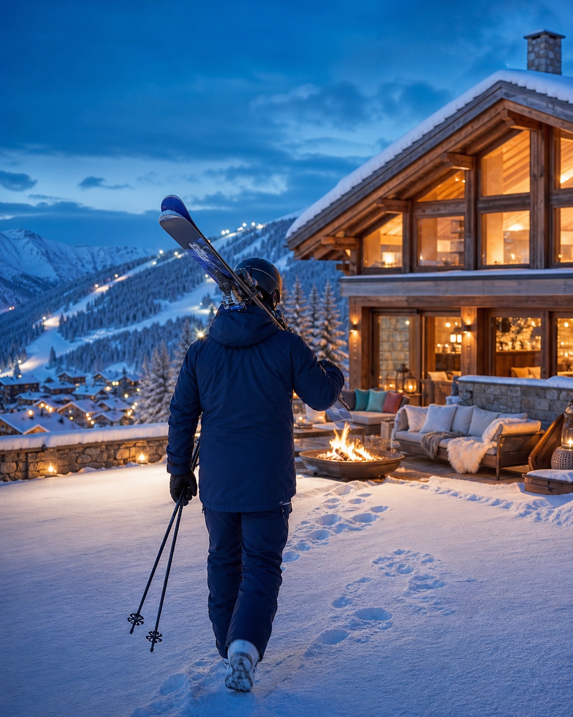 A skier in a bright jacket arriving at a welcoming mountain lodge