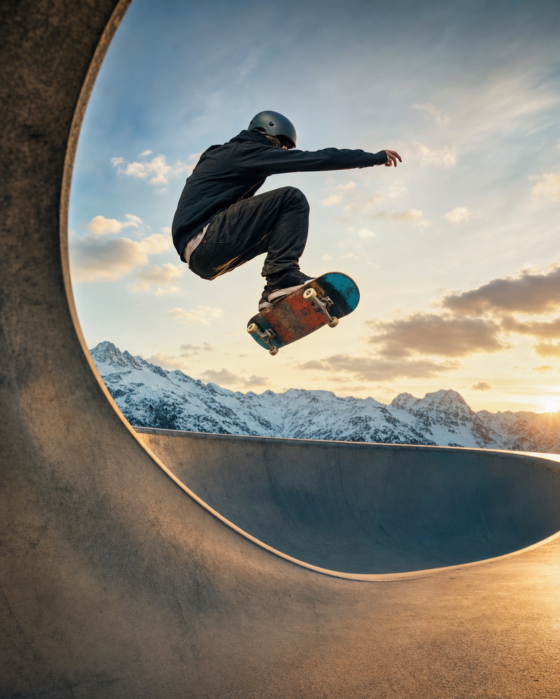 A helmeted skateboarder carving through a sunlit concrete bowl