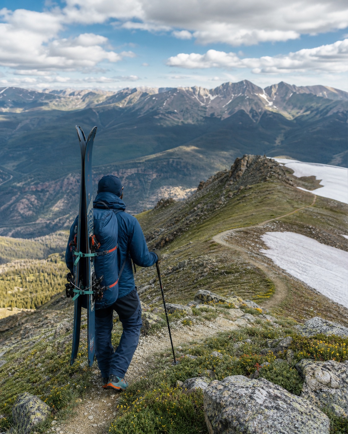 A mountain and field pro carrying skis along a high-country trail