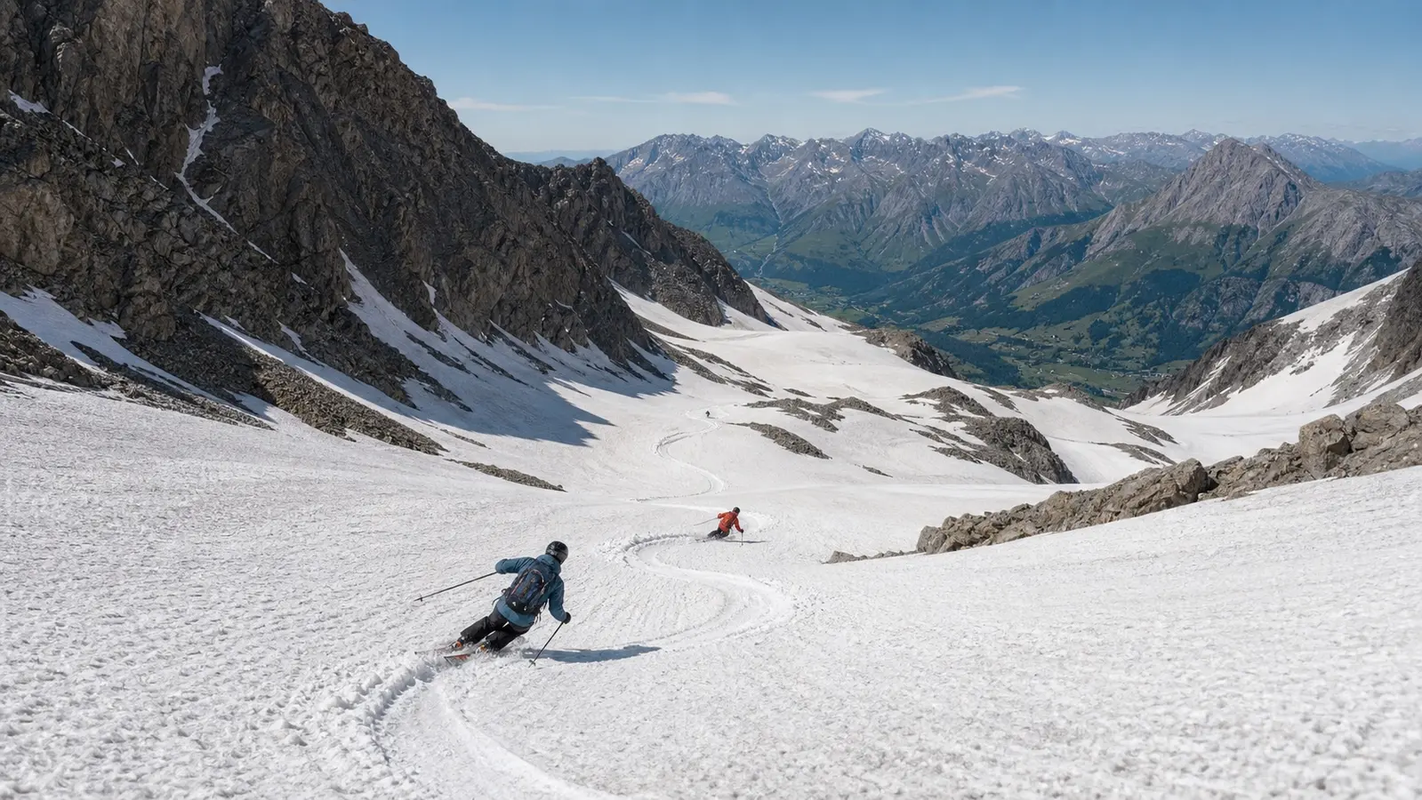 A skier checking equipment before stepping onto bright alpine snow